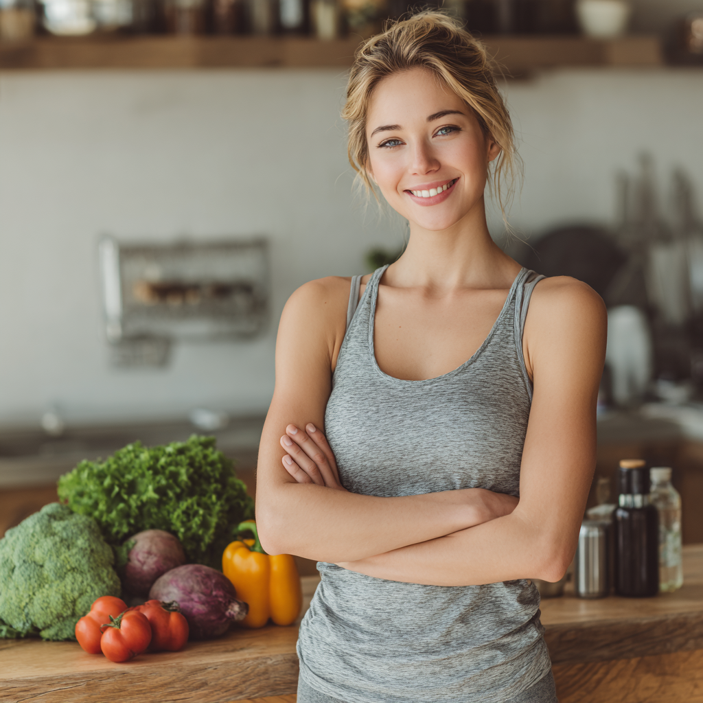 Confident person showing healthy lifestyle with fresh vegetables, exercise equipment and natural supplements in a bright kitchen setting