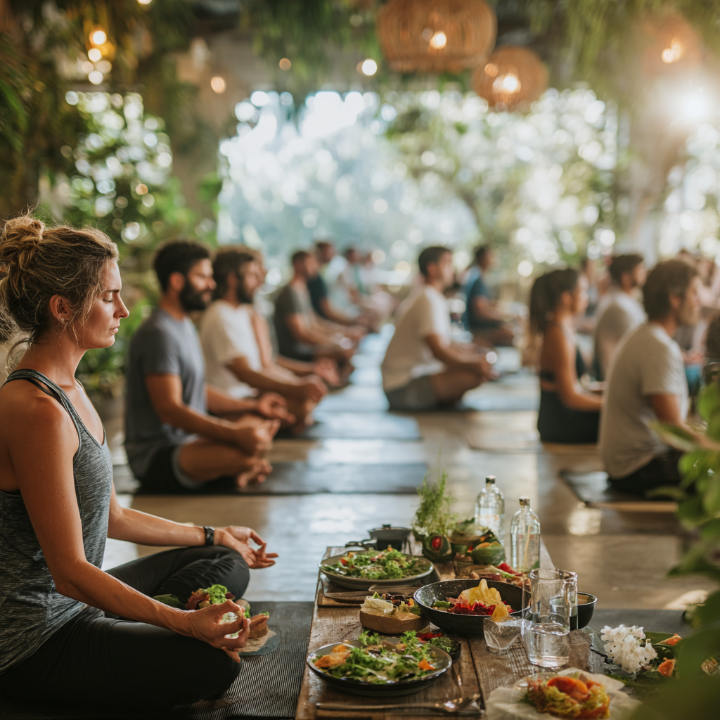 Group of diverse people practicing yoga and healthy eating together in a bright, natural environment with plants and natural lighting